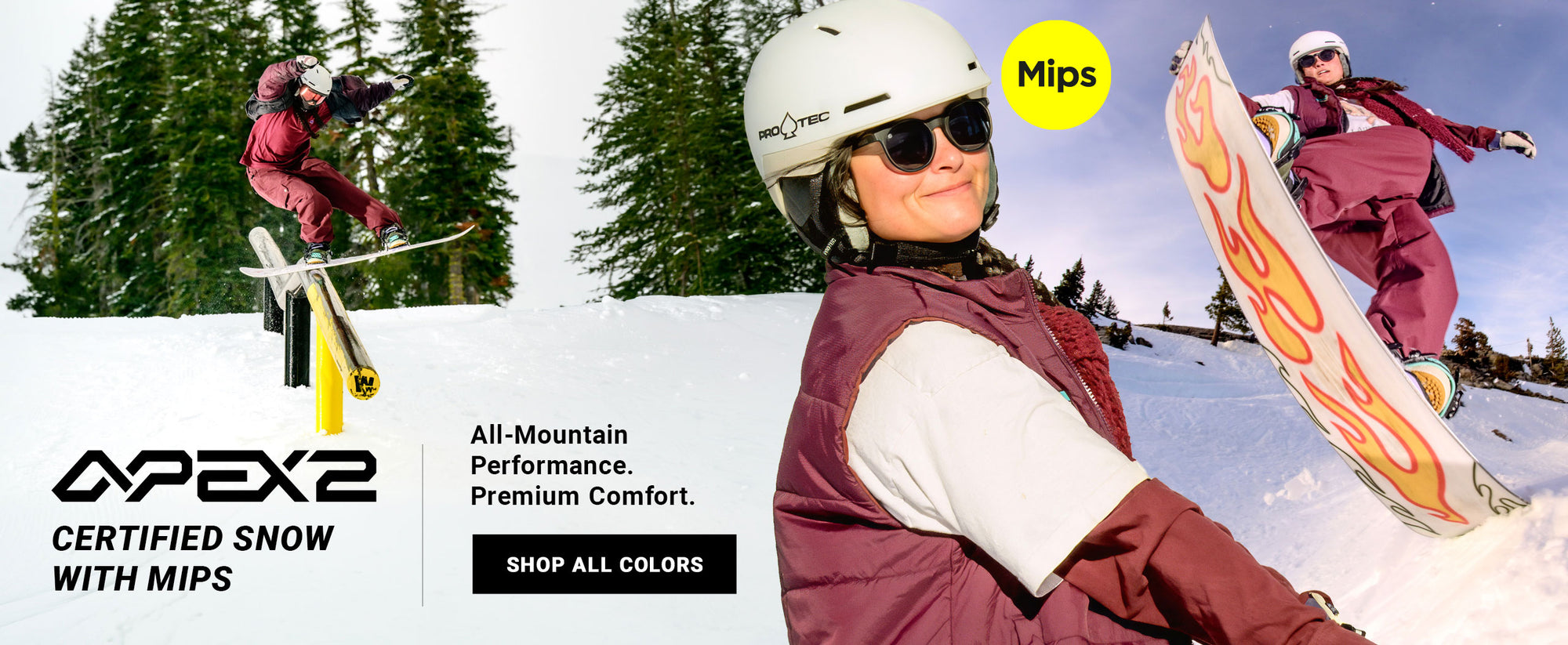 A promotional snowboard graphic featuring a skier in action on the left, a close-up of a person in ski gear on the right, and a yellow circle labeled 'MIPS'. The text reads 'APEX2 CERTIFIED SNOW WITH MIPS' and 'All-Mountain Performance.