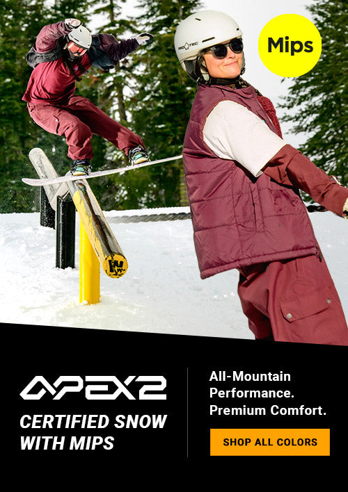 A promotional snowboard graphic featuring a skier in action on the left, a close-up of a person in ski gear on the right, and a yellow circle labeled 'MIPS'. The text reads 'APEX2 CERTIFIED SNOW WITH MIPS' and 'All-Mountain Performance.